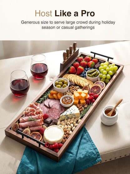 TIDITA Acacia Large Charcuterie Boards for Party with Cheese Knife Set of 4 – Acacia Wood Serving Tray with Handles, Long Charcuterie Board, Wooden Cheese Board (Walnut Color, 30 Inch)