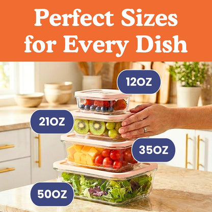 Ziruma Non-Toxic Glass Food Containers with Lids, 4-Pack, 35 oz, Beige | Plastic & BPA free. Glass body, glass lid & platinum silicone seal. Airtight & leakproof. Freezer & microwave safe.