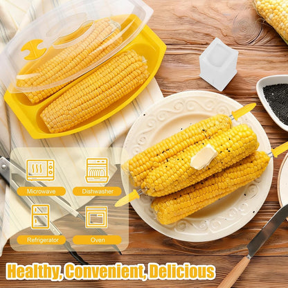 Aneco 2 Piece Microwave Corn Steamer with Lid for Frozen Corns Broccolini Vegetables Dishwasher Safe Corn on The Cob Cooker Holders Butter Dispenser, White
