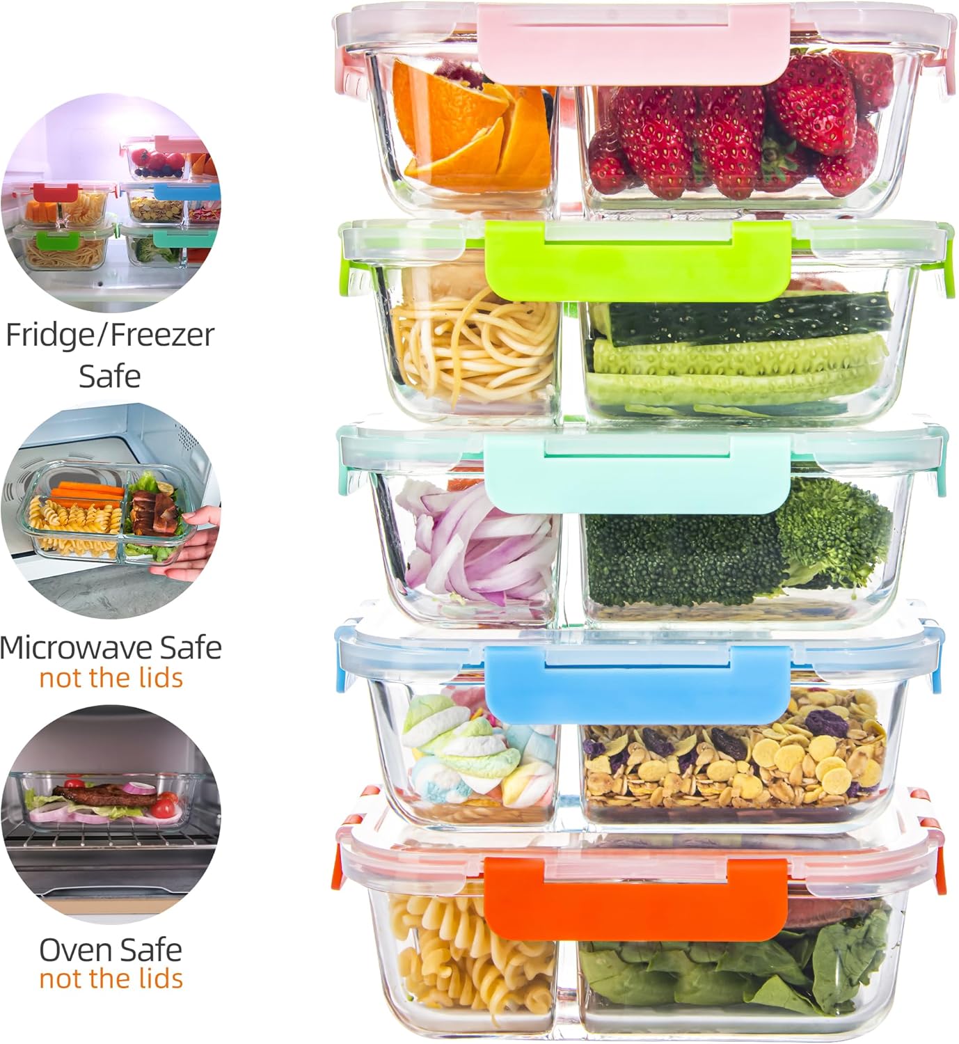 5 Pack Glass Meal Prep Containers 3 Compartment with Lids, Divided Glass Storage Containers with Silicone Sleeve for Lunch, Leak-Proof Portion Control Food Containers, Dishwasher Safe, 34 oz