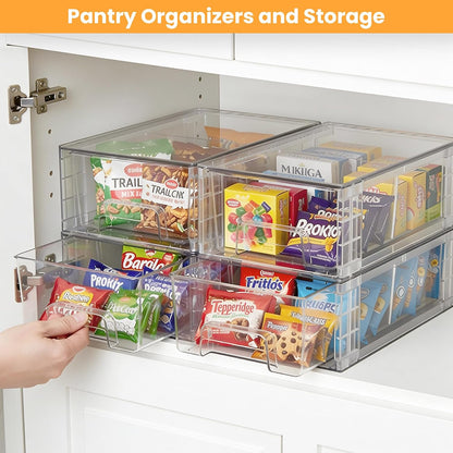 6 Pack Stackable Storage Drawers,Plastic Organizers Bins, Drawers Storage with Handles and Movable Dividers for Organization and Storage in Fridge,Bathroom, Pantry, Kitchen Cabinets, Under Sink