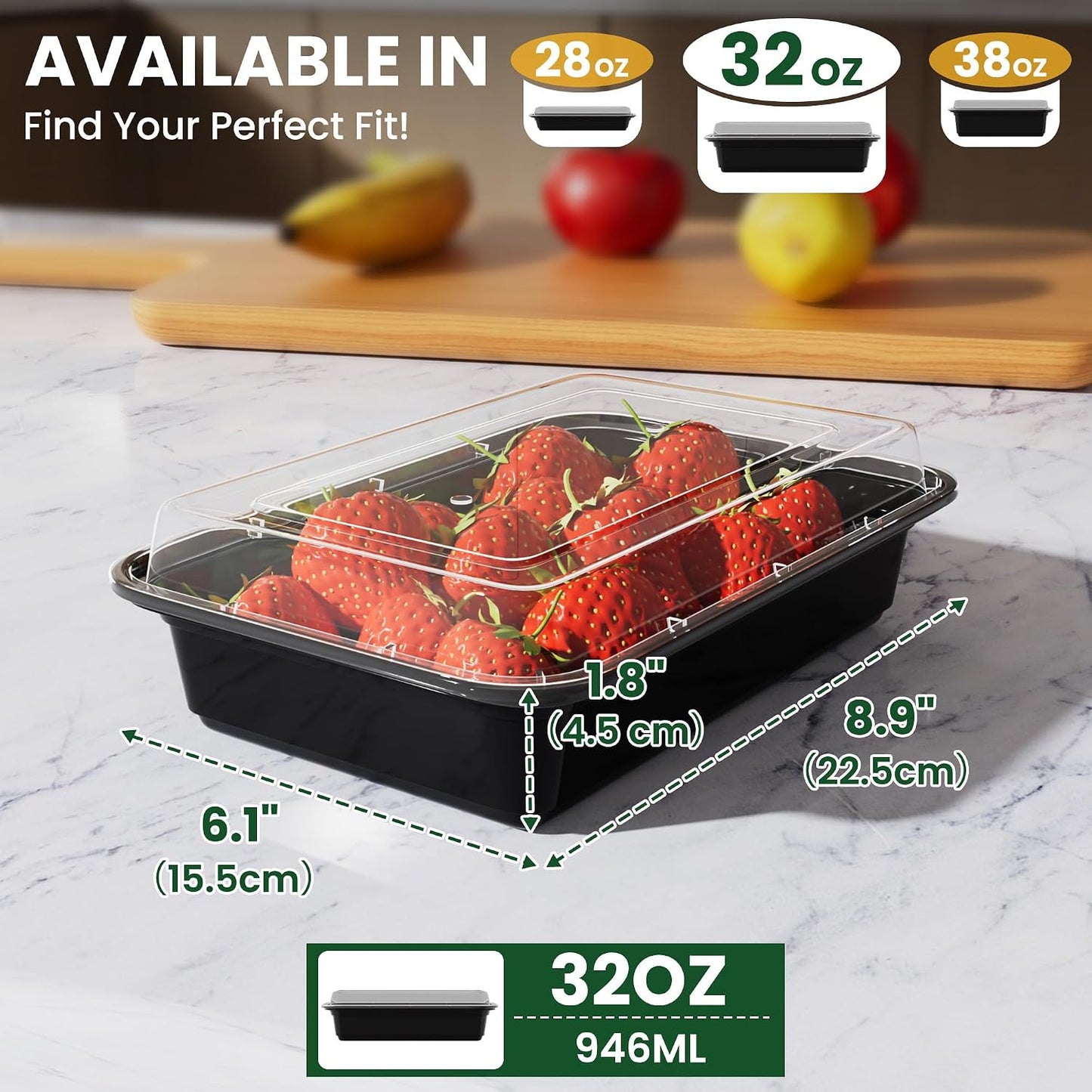 38oz Meal Prep Containers [50-Pack], Reusable Bento Box with Easy-Snap Leakproof Lids - Microwave, Dishwasher & Freezer Safe Food Storage, BPA-Free Plastic Lunch Containers (Black)