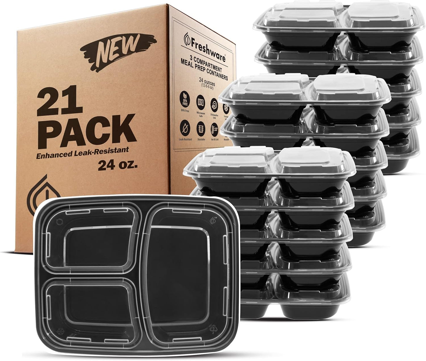 Freshware Meal Prep Containers [50 Pack] 3 Compartment Food Storage Containers with Lids, Bento Box, BPA Free, Stackable, Microwave/Dishwasher/Freezer Safe (24 oz)