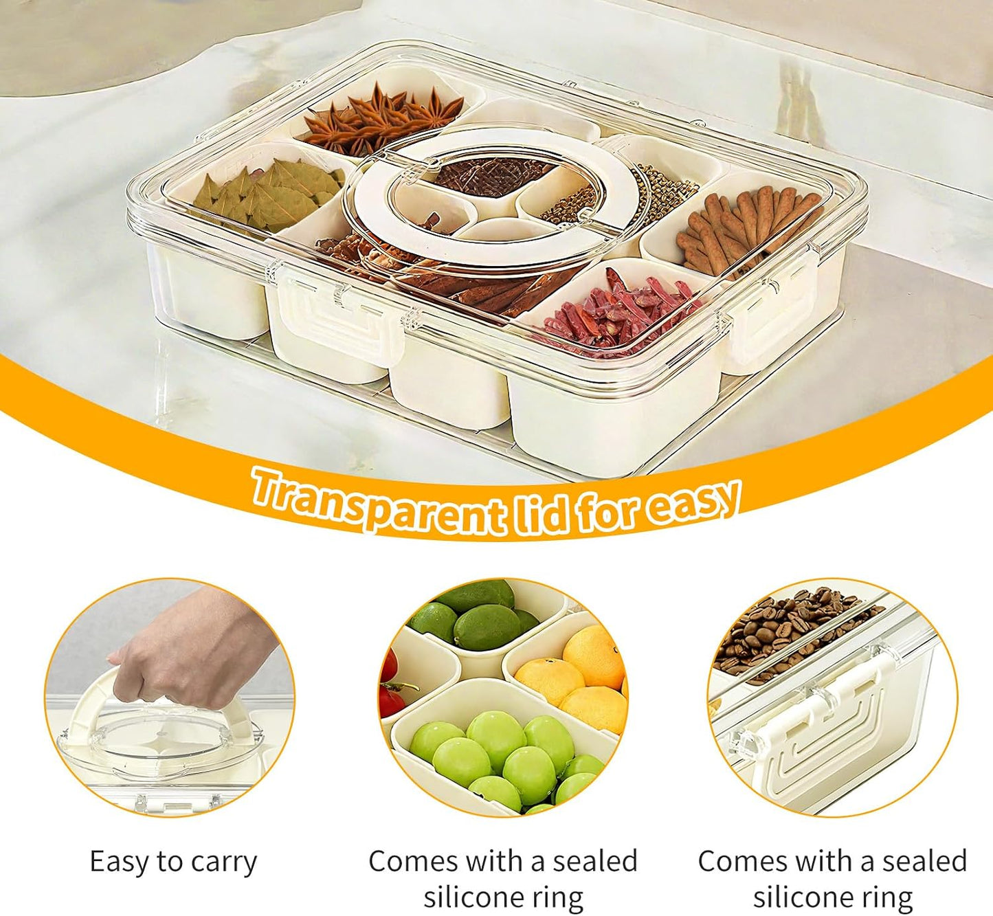 Divided Serving Tray with Lid and Handle, 8 Compartment Snacks Box with Lid and Handle, Portable Snack Box Container for Fruit Candy Nuts - Perfect for Party, Entertaining