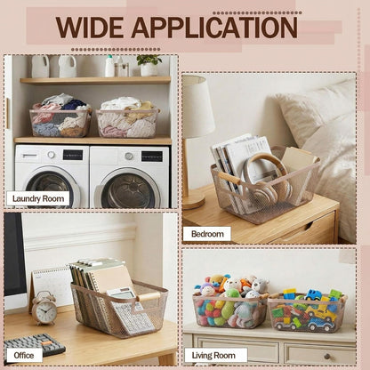 Mumufy 4 Pcs Metal Wire Basket with Wooden Handles Mesh Steel Organizer Bins for Pantry Closet Kitchen Cabinet Home Fridge Fruit Makeup Snacks Organization (Warm Tapue,Large)