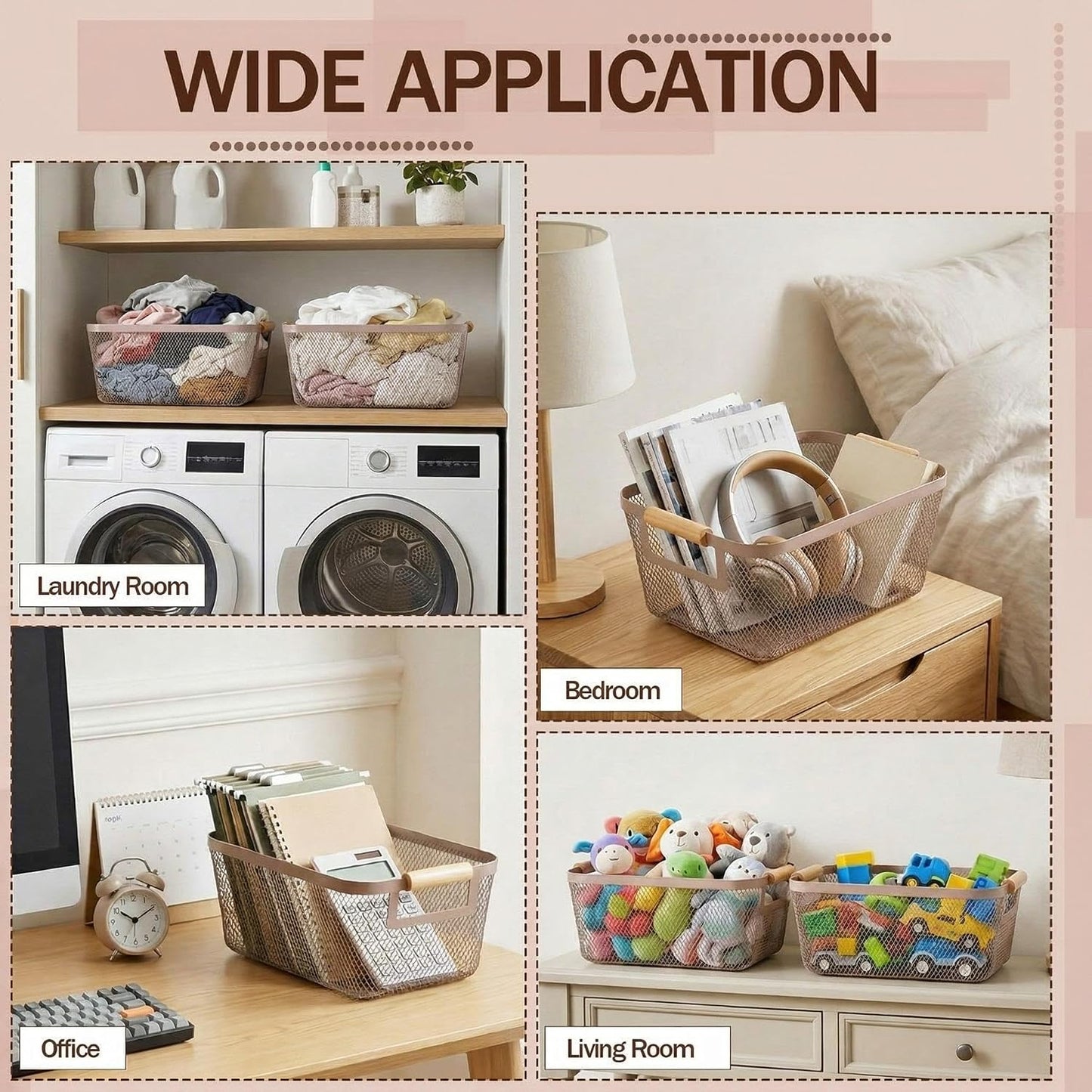 Mumufy 3 Pcs Metal Mesh Basket with Wooden Handles Wire Steel Organizer Bins Pantry Organizers Kitchen Baskets for Closet Cabinet Bathroom Fridge Food Snacks Organization (Warm Tapue,3 Sizes)