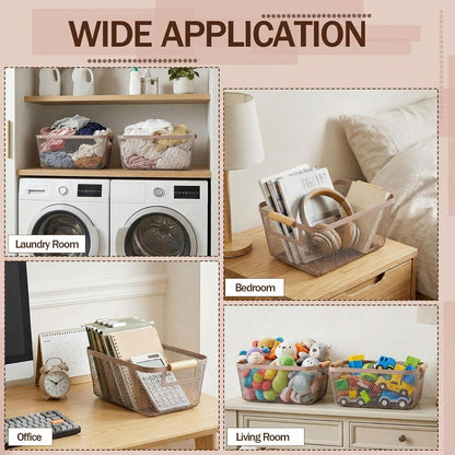 Mumufy 3 Pcs Metal Mesh Basket with Wooden Handles Wire Steel Organizer Bins Pantry Organizers Kitchen Baskets for Closet Cabinet Bathroom Fridge Food Snacks Organization (Warm Tapue,3 Sizes)