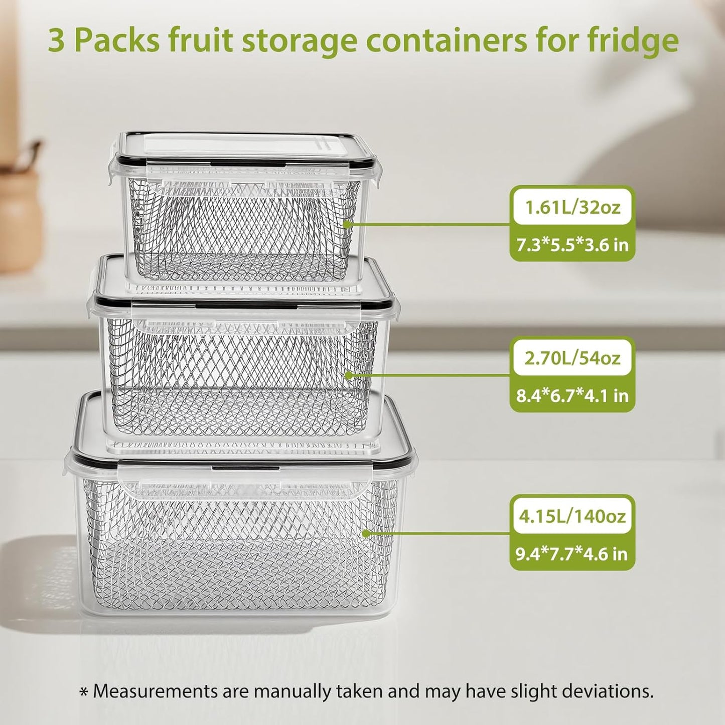 5 PCS Large Fruit Containers for Fridge - Leakproof Food Storage Containers with Removable Colander - Dishwasher & microwave safe Produce Containers Keep Fruits, Vegetables, Berry, Meat Fresh longer