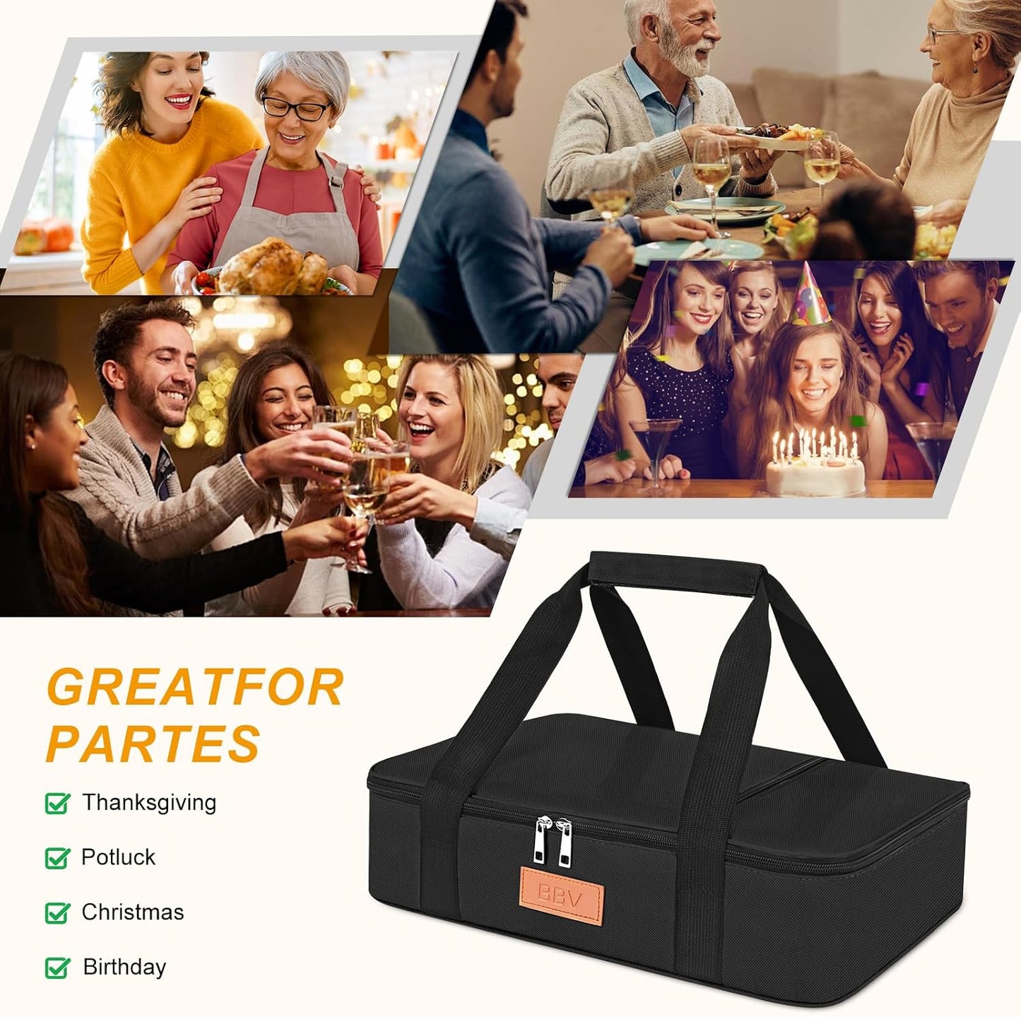 BBV Insulated Casserole Carrier for Hot or Cold Food, Food Warmer Bag Fits 9"x13" Baking Dish, Durable Nylon Leak Proof Food Containers for Travel, Potluck, Parties, Picnic, Cookouts (Beige)