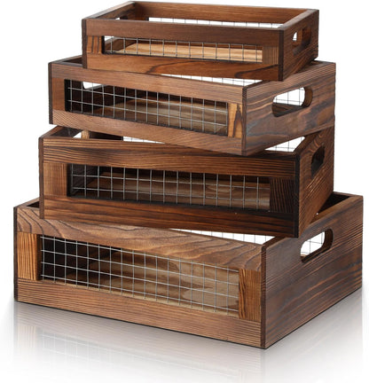 FillTouch 4 Pcs Wooden Nesting Countertop Baskets 4 Size Wooden Storage Box with Handle and Metal Wire Multipurpose Wood Organizer Crate for Fruit Vegetable Kitchen Cabinet Bathroom(Dark Brown,Small)