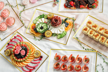 Elegant Plastic Serving Tray & Platter Set (6pk) - White & Gold Rim Disposable Serving Trays & Platters for Food - Weddings, Upscale Parties, Dessert Table, Cupcakes - 8 x 12.85 inches