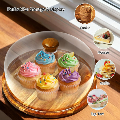 Acacia-Wood-Cake-Stand With Acrylic Lid, Rectangular Cake Plates Charcuterie Board With Cover, 2-in-1 Cake Holder With Dome，Dessert Table Display Stand For Cheese, Chips & Dips, Nachos, Fruit Platter