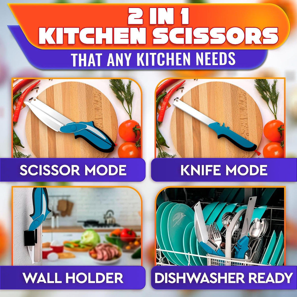2 in 1 Kitchen Scissors for Food with Knife Sharpener (Grey)