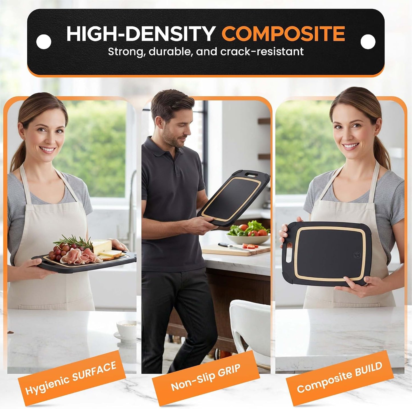 Earth's Dreams Composite Wood Cutting Board Set of 3 – Built In Juice Groove, Dishwasher Safe,Cutting Boards for Kitchen – Large, Medium & Small Non-Slip Wood Charcuterie & Chopping Boards (Tan/Black)