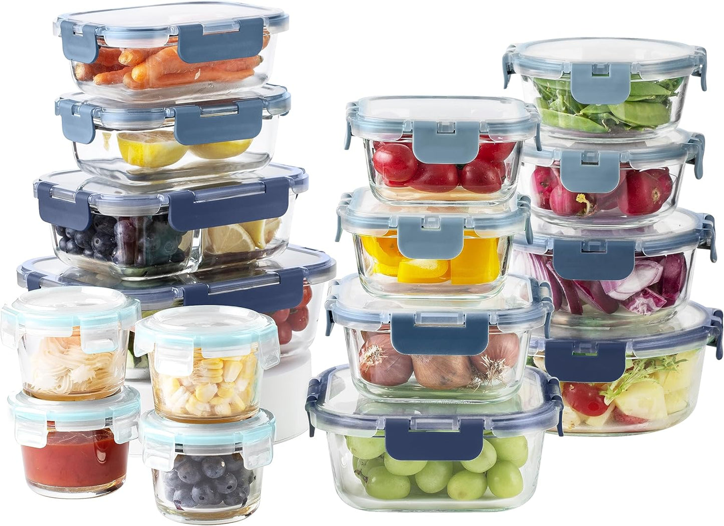 COOK WITH COLOR Premium 32-Pc. Borosilicate Glass Food Container Set with Dividers - 4 Rectangles, 8 Rounds, 4 Squares - Leakproof Lids - Meal Prep, Storage, Fluted Ombre Green