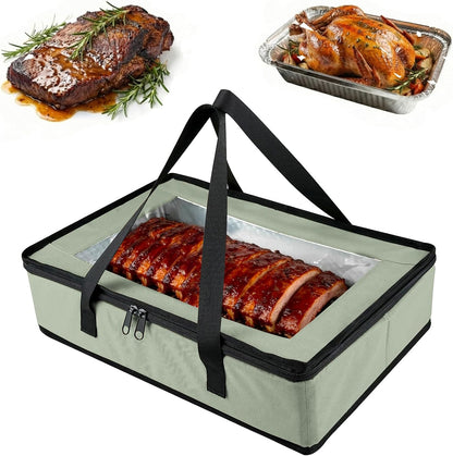 BANGIE BBQ Meat Resting Blanket & 9x13 Foil Pan Carrier - Leakproof Insulated Casserole Transport Bag with Visual Window, Rigid Hard Bottom - Birthday Father's Day Grilling Gifts for Men, Dad,Green