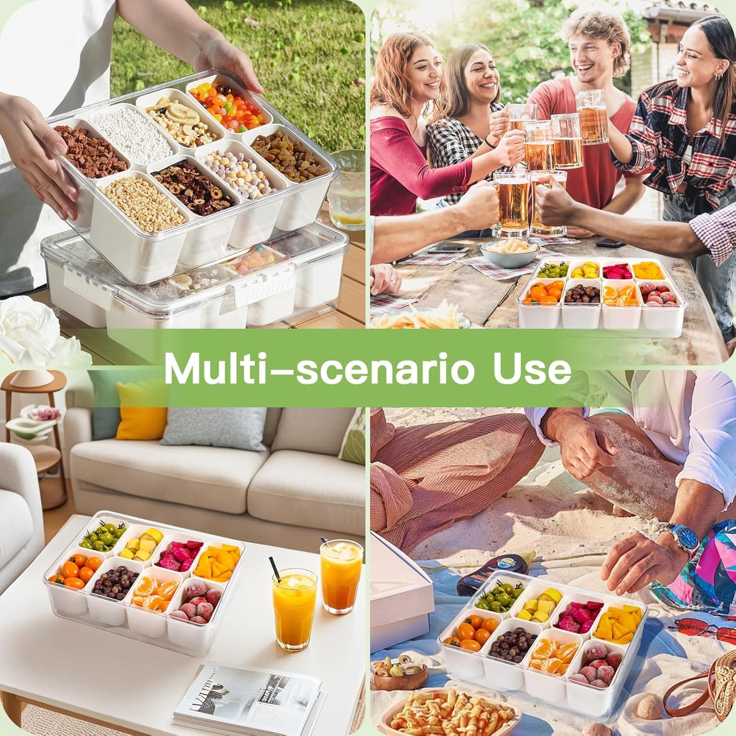 Snackle Box Container with Ice Pack Stainless Steel,Portable Snack Boxes with Lid and Insulated Bag,8 Compartment Snackle Storage Divided Serving Tray Beach Road Trip Picnic for Fruit Charcuterie
