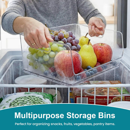 Basicwise 9-Inch Open-Front Clear Storage Bin with Easy-Grip Handle Stackable Transparent Plastic Organizer Container for Pantry Cabinet Refrigerator Drawers Closets and Shelf Organization, Medium