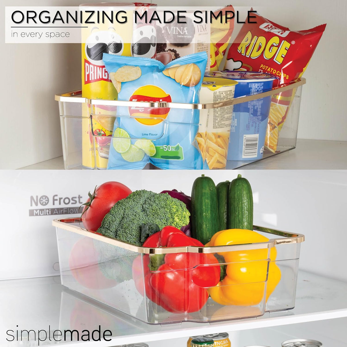 SIMPLEMADE Clear Refrigerator Organizer Bins - Clear Bins for Fridge, Containers for Fridge and Freezer, Multipurpose Storage for Kitchen, Office, Bathroom, Pack of 3 (Design 2)