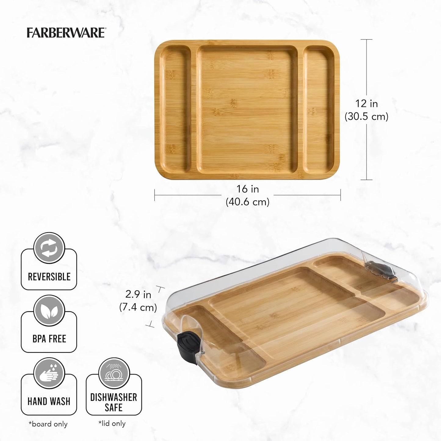 Farberware Build-A-Board Bamboo Cutting Board with Built-In Compartments & Clear Locking Lid, Black Handles, Charcuterie, Snack Tray, Food Prep and Serving Platter