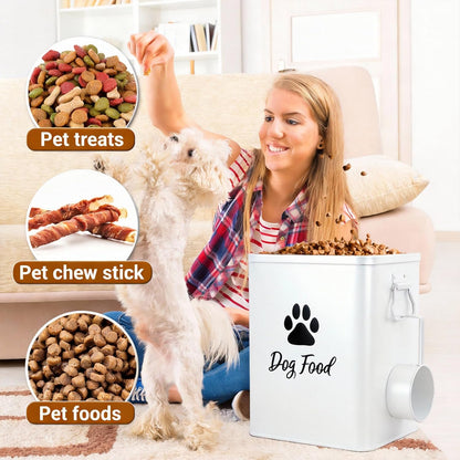 Dog Food Container 13lb, Cute Airtight Pet Food Storage Containers with Metal Lid Scoop, Black Metal Storage Bin for Dog/Cat with Wheels,Easy to Move