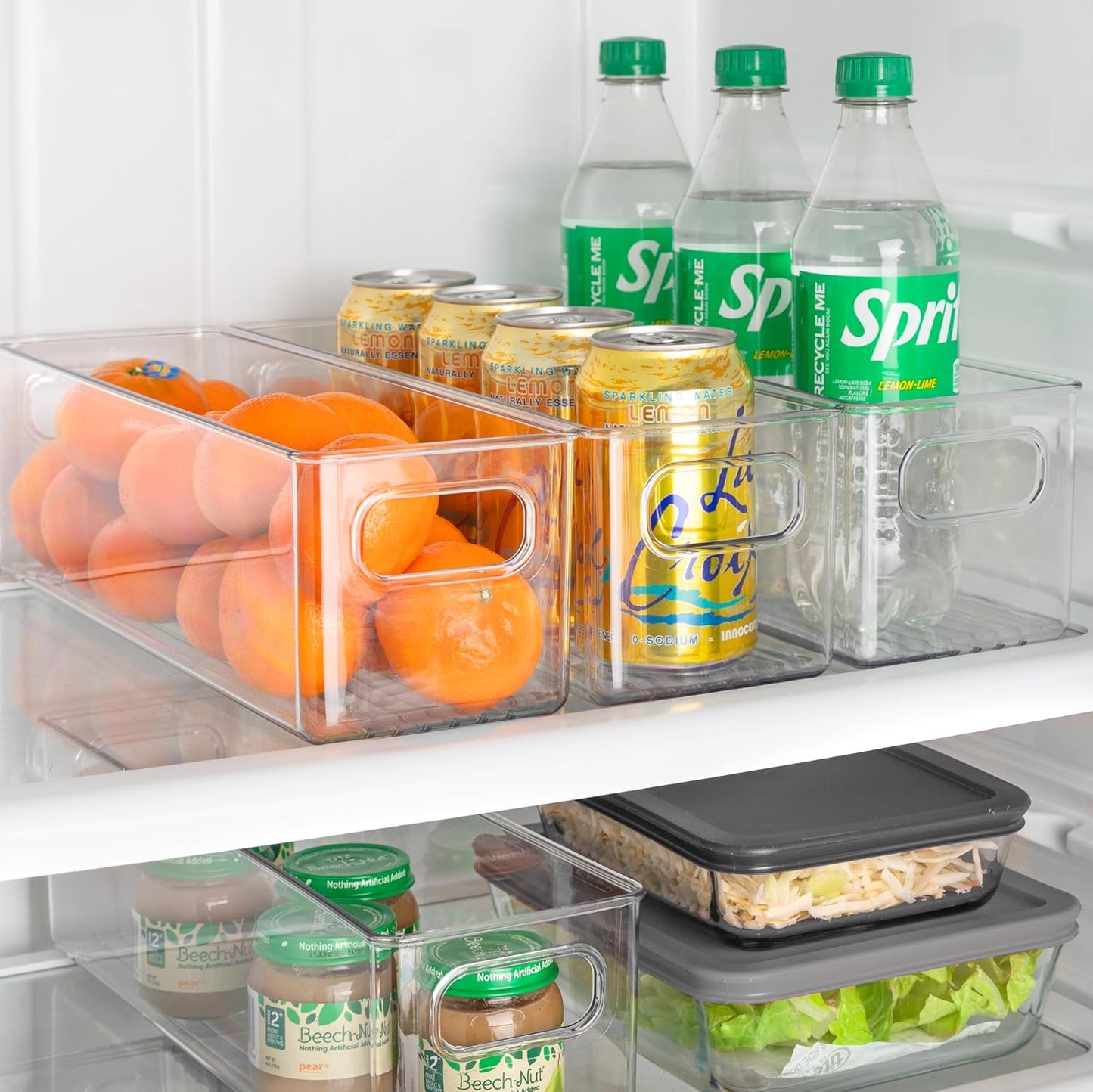 Plastic Food Storage 4 Pack Clear Container Bin with Handles for Organizing Kitchen, Pantry, Refrigerator, Freezer, Pantry, Cabinet, Closet, Bathroom. Stackable 10”x6”x3”