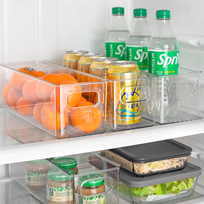 Plastic Food Storage 4 Pack Clear Container Bin with Handles for Organizing Kitchen, Pantry, Refrigerator, Freezer, Pantry, Cabinet, Closet, Bathroom. Stackable 10”x6”x3”