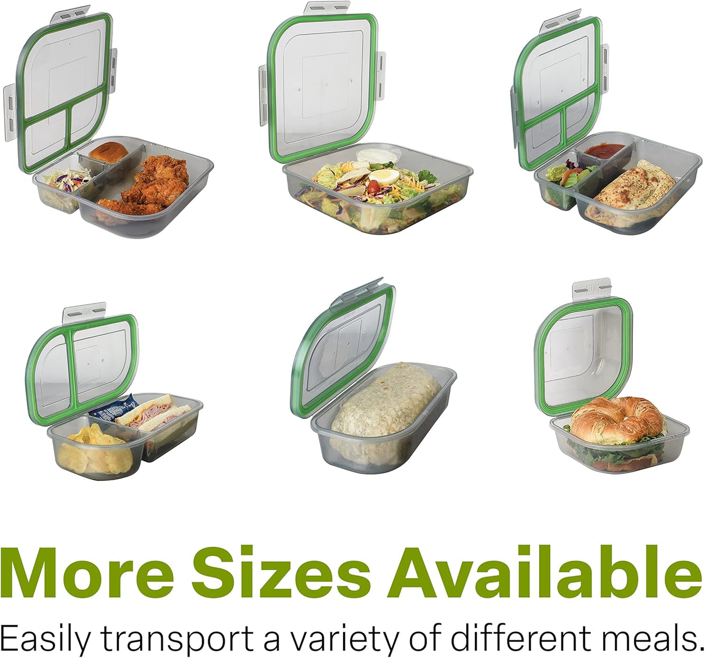 MyGo Container Large To-Go 3-Compartment Food Containers, Pack Of 3, 9-3/8" X 9-3/8" X 2-1/2", Reusable, Microwave Safe, NSF Certified, Smoke/Green