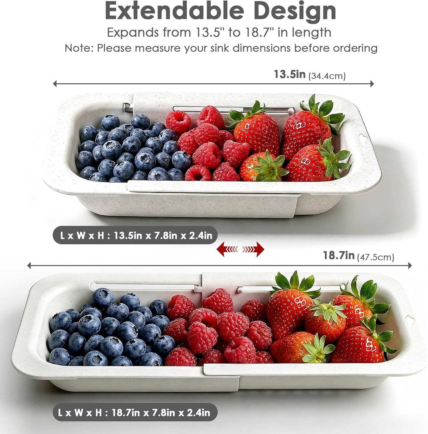 Extendable Colander Strainer Basket, Over the Sink Colander and Strainer for Kitchen, Wash Vegetables and Fruits, Drain Pasta and Dry Dishes, Adjustable Colander from 13.5In to 18.7In, Gray