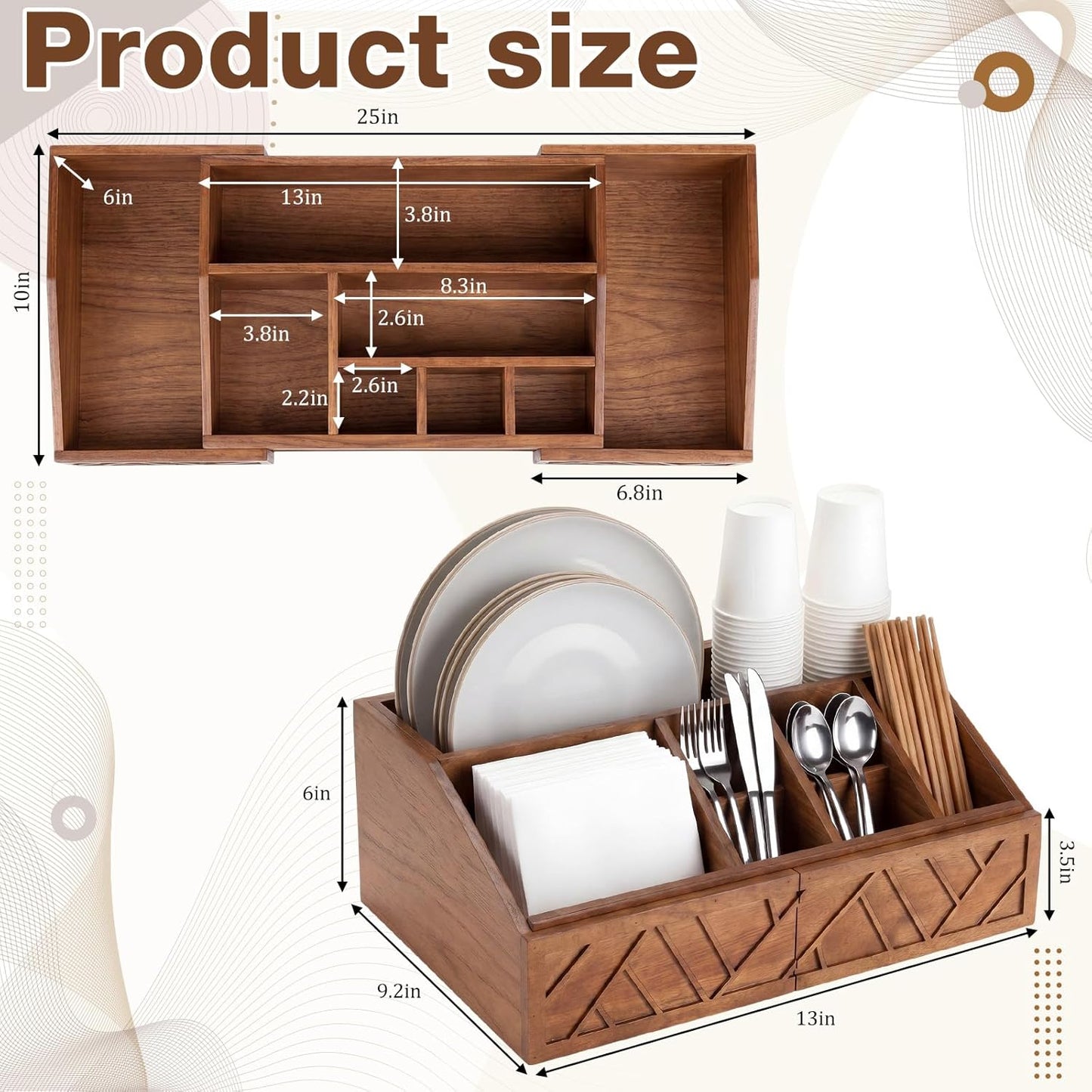 Paper Plate Dispenser Extendable, Paper Plate Holder for Kitchen Counter Wood Silverware Utensil Caddy Cutlery Flatware Organizer Box for Cups Spoons Forks Kitchen Accessories(Black)
