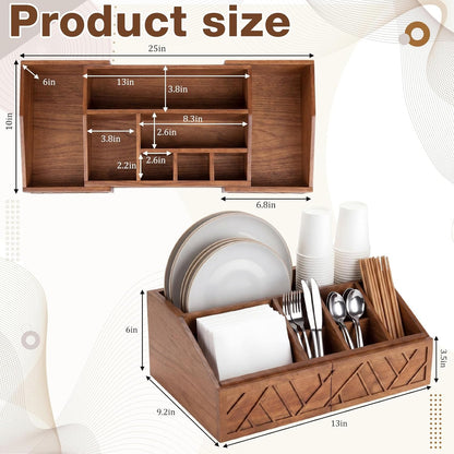 Paper Plate Dispenser Extendable, Paper Plate Holder for Kitchen Counter Wood Silverware Utensil Caddy Cutlery Flatware Organizer Box for Cups Spoons Forks Kitchen Accessories(Black)