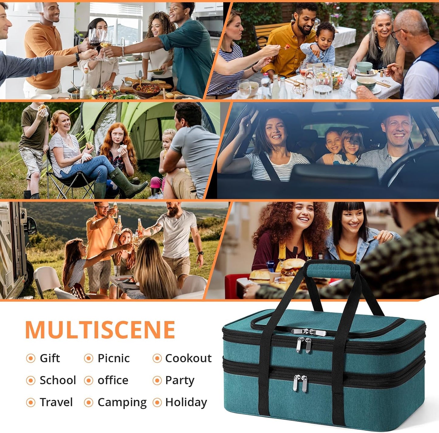 Double Insulated Casserole Carrier - Portable Casserole Carriers for Hot or Cold Food Lunch Tote Warmer or Cooler Bag for Potluck Parties Picnic Cookouts, Fits 9" x 13" Baking Dish - Grey