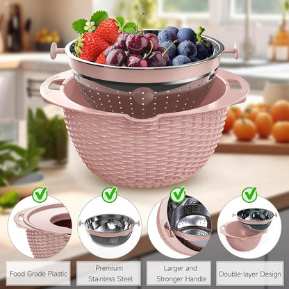 4-1 Colander with Bowl & Spoons Set - Rotatable Colander for kitchen with New Upgraded Graters, Food Strainer(Patented) for Pasta, Fruits, Vegetables, Funny Presents for Women, Beige