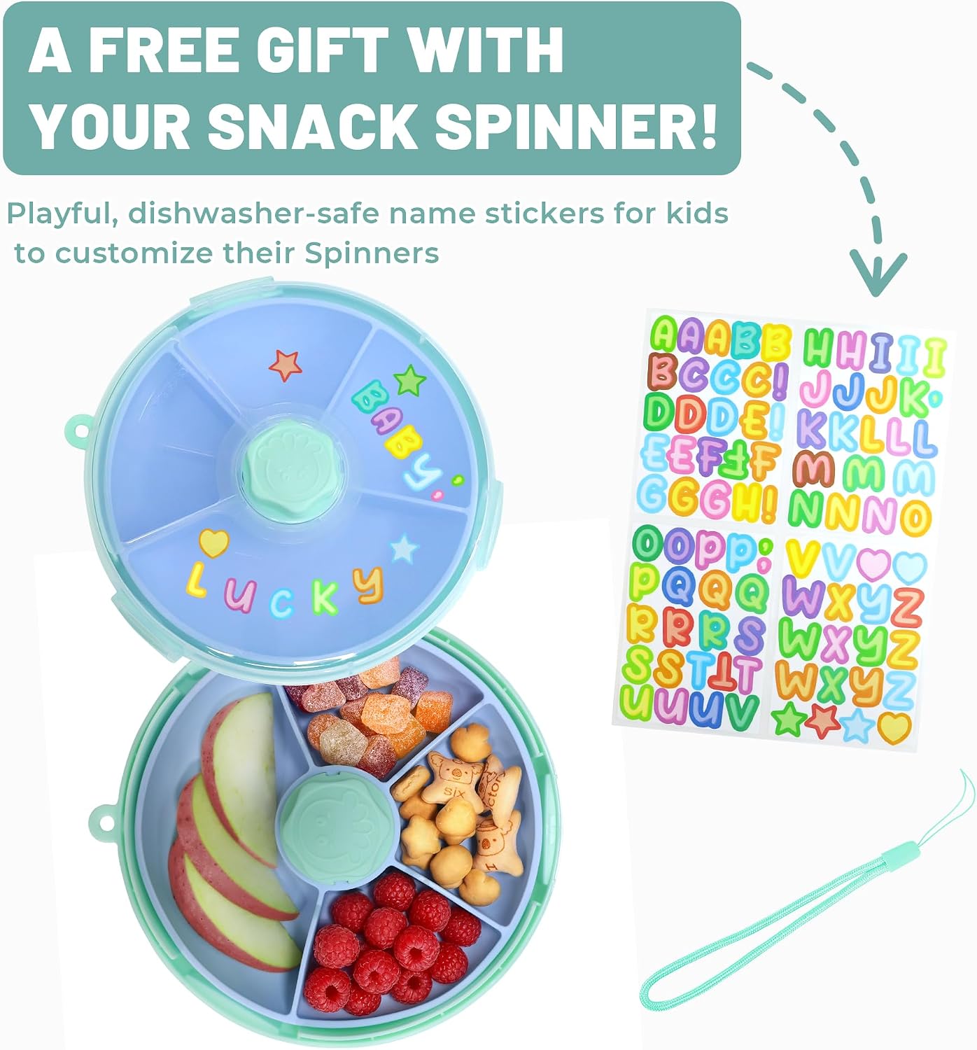KingKam Kids Snack Spinner Containers, Reusable Toddler Spin Snack Container Box with 4 Compartments & Lid, BPA Free Food Grade Silicone Tray Dishwasher Safe, Travel Snacking Accessories (Blue/Green)