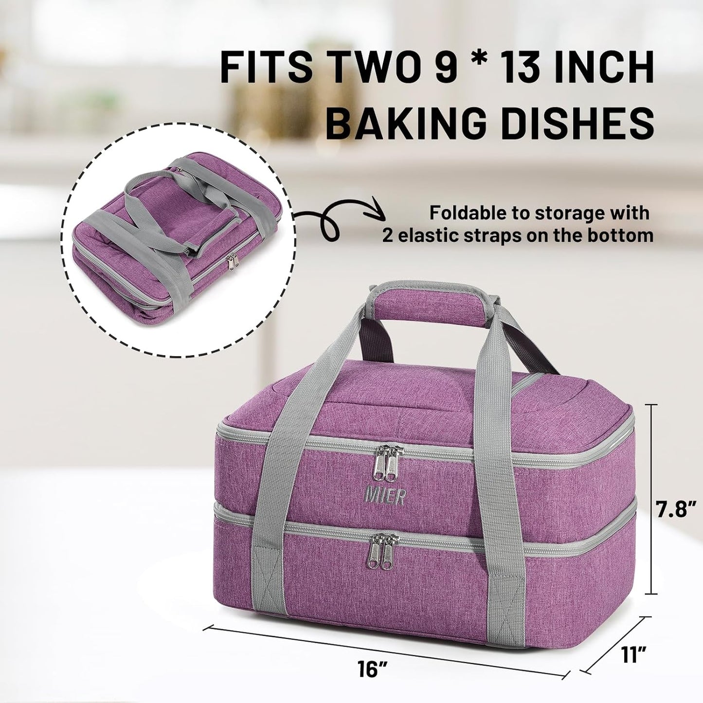 MIER Insulated Casserole Carrier for Hot or Cold Food Thermal Food Carrier Bag for Lasagna Potluck Parties Picnic Cookouts, Fits 9"x13" Baking Dish/Foil Pan, Red