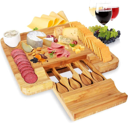NutriChef Bamboo Natural Cheese Board Set with Bonus Condiment Cup-Extra Large Size 100% Home Organic Wooden Plate and Charcuterie Tray with 4 pcs Cutting Knife Slicer, 13" Round