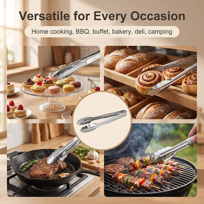 Wavy Tip Stainless Steel Cooking Tongs, Seamless One-Piece Design, Heatproof 304 Metal Tongs for Kitchen,Grill,Camping,Buffet,Dishwasher Safe,2 Pack 9 Inch Set