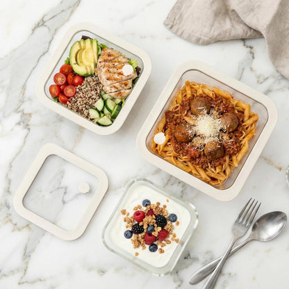 Urban Green Glass Food Container Set with Glass Lid, 3 Pack, Food Storage Containers Set, Airtight, LeakProof, 100% Plastic Free, Meal Prep Containers (White Color)