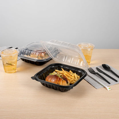 Thermo Tek 40 Ounce Clamshell Containers, 50 Disposable Take Out Boxes - 3 Compartments, Ventilated Lids, Black Plastic Meal Prep Containers, Microwavable, For Pasta Or Salads - Restaurantware