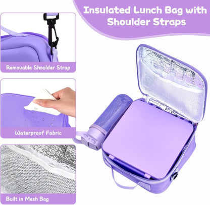 Kids Bento Lunch Box with 8oz Soup Thermo, Water Bottle, Kids Leakproof Lunch Food Containers with 4 Compartment, Insulated Hot Food Jar with Lunch Bag for School, Trvael (Black)