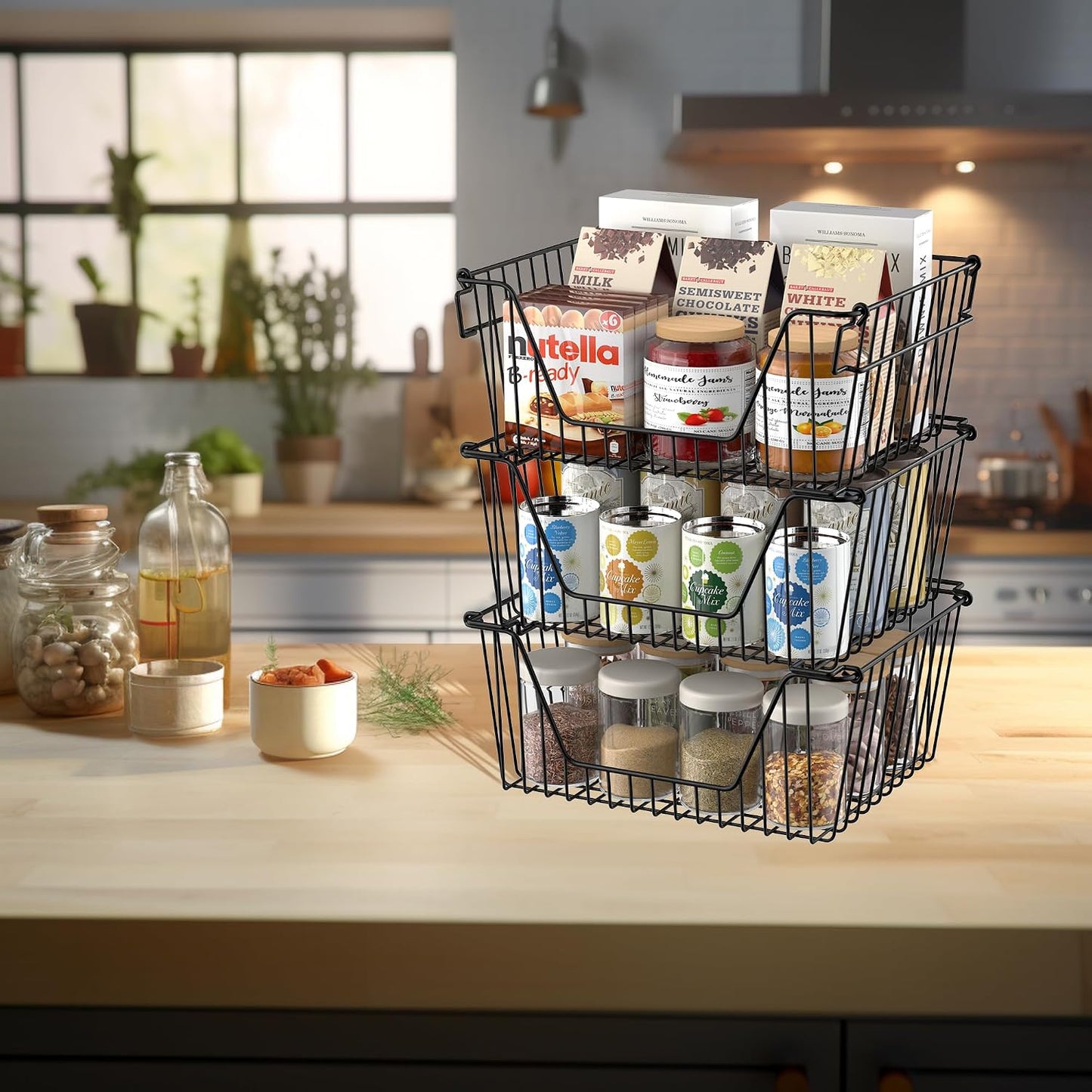 SANNO Black Stackable Wire Baskets Stacking Bins Stackable Basket for Vegetable Storage Pantry, Fridge, and Bathroom Organization,3pack