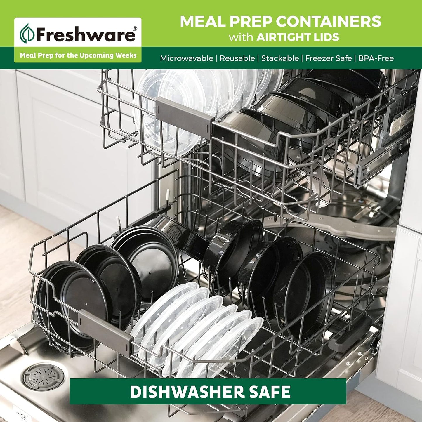 Freshware Meal Prep Containers [15 Pack] 2 Compartment with Lids, Food Storage Containers, Bento Box, BPA Free, Stackable, Microwave/Dishwasher/Freezer Safe (28 oz), Black