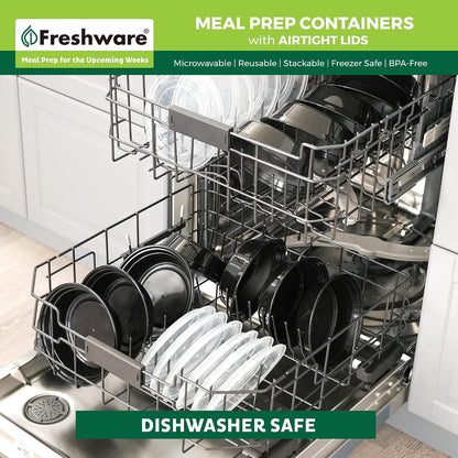 Freshware Meal Prep Containers [15 Pack] 2 Compartment with Lids, Food Storage Containers, Bento Box, BPA Free, Stackable, Microwave/Dishwasher/Freezer Safe (28 oz), Black