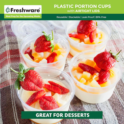 Freshware Plastic Portion Cups with Lids [2 Ounce, 200 Sets] Disposable Plastic Cups for Meal Prep, Salad Dressing, Jellos Shot Cups, Souffle Cups, Condiment and Dipping Sauce Cups
