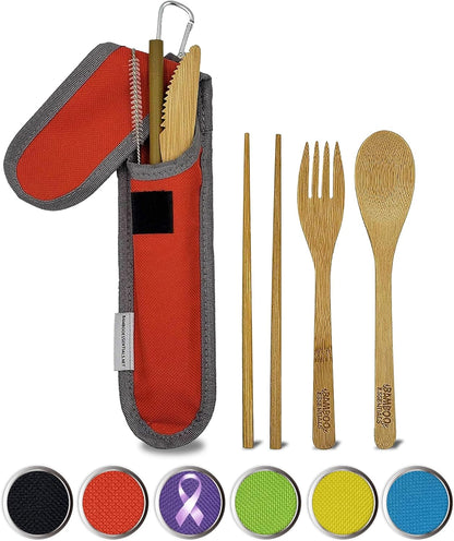 Travel Utensils with Case Set Fork, Knife, Spoon, Chopsticks, Straw, Straw-cleaning brush, Travel Pouch and Carabiner, Excellent For Everyday Use! ((1Set) Sky Blue)