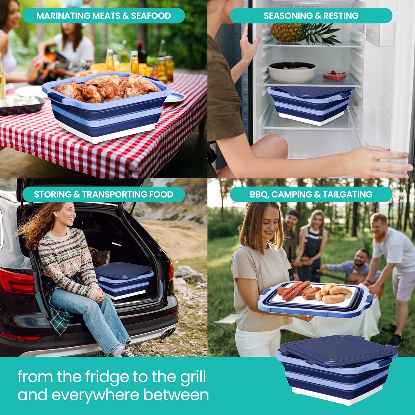 Collapsible BBQ Prep Tub with Lid and Drain Spout, 16L Portable Meat Marinating and Grilling Tray, Cutting Board Food Storage Container for Outdoor Cooking, Camping, Tailgating and Kitchen Prep