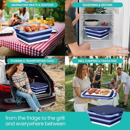 Collapsible BBQ Prep Tub with Lid and Drain Spout, 16L Portable Meat Marinating and Grilling Tray, Cutting Board Food Storage Container for Outdoor Cooking, Camping, Tailgating and Kitchen Prep