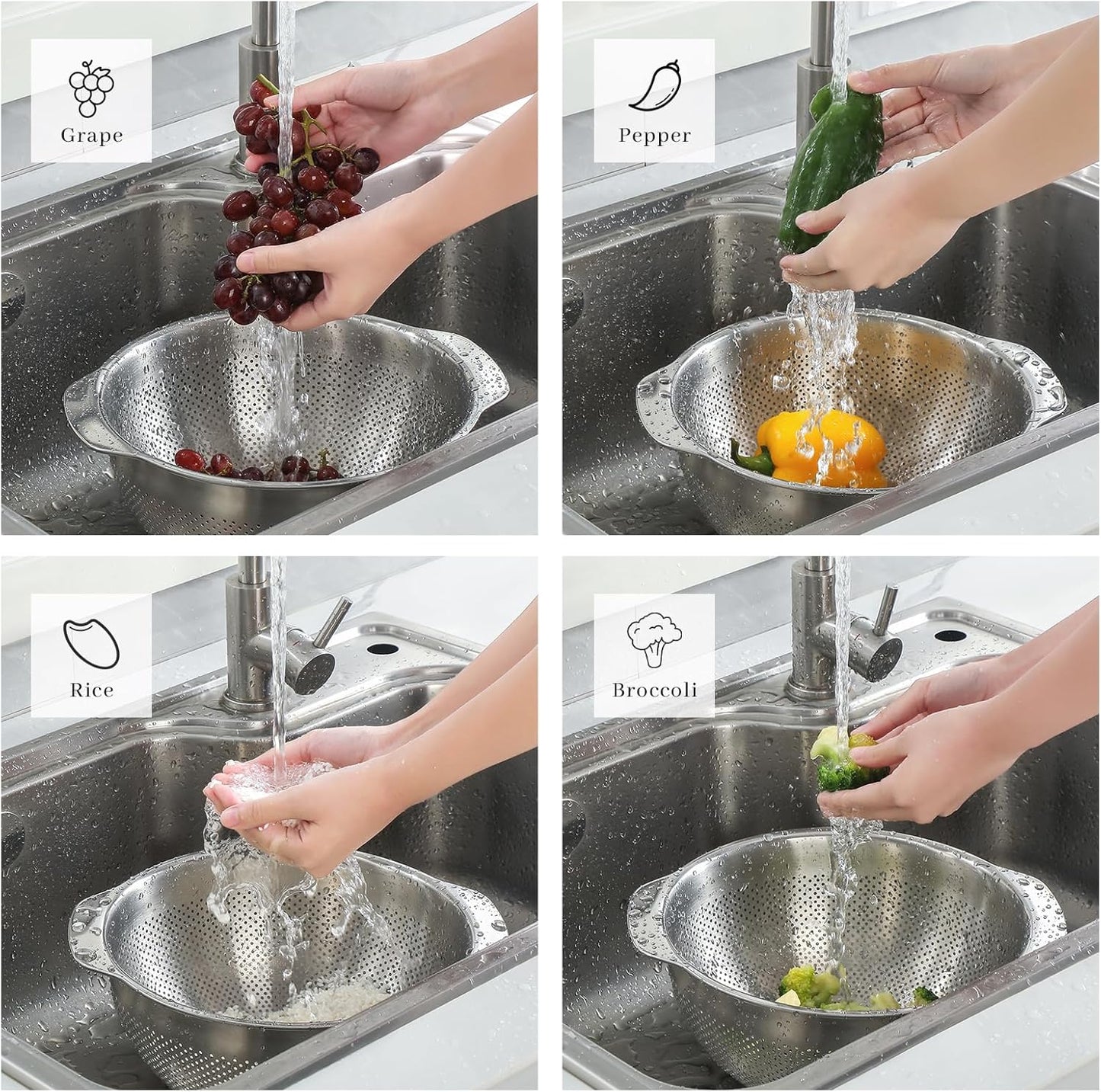 18/8 Stainless Steel Microwell Colander, 3.5QT Large Capacity with Handle Kitchen Food Strainer Basket for Washing Vegetables, Fruits, Rice, and Pasta (primary colour, 3.5QTColander+3.5QT Mixing bowl)