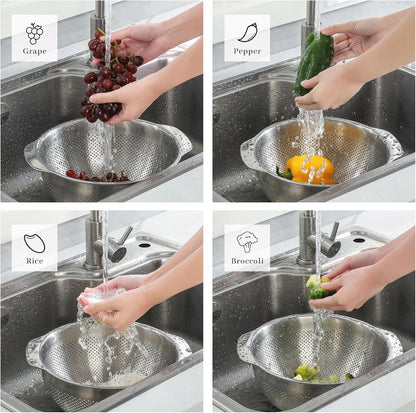 18/8 Stainless Steel Microwell Colander, 3.5QT Large Capacity with Handle Kitchen Food Strainer Basket for Washing Vegetables, Fruits, Rice, and Pasta (primary colour, 3.5QTColander+3.5QT Mixing bowl)
