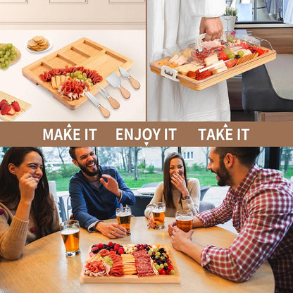 CAWIU Portable Travel Charcuterie Board with Lid and Handle - Large Bamboo Cheese Board with 4 Cheese Knife Set for Outdoor, Picnics - Weddings, House Warming Gift for Women (1 Compartment, White)